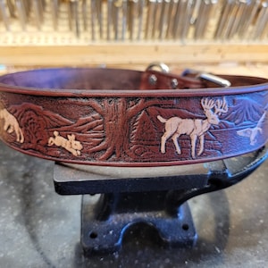 Dog Collar, Leather dog collar, Wildlife pattern, Deer, Rabbit, 1.5''inch wide, Embossed, Handmade, Medium dog collar, Large Dog Collar.
