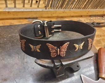 Dog Collar, Leather Dog Collar, Butterfly, Brass, handmade, vintage, Antique, Small Dog Collar, Medium Dog Collar 1.5 inches wide