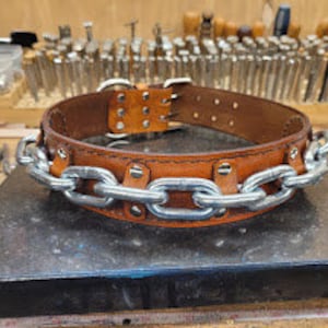 Dog Collar, Leather Dog Collar, Big Dog, Heavy Duty Collar, Collar with chain, Saddle Tan, Great Danes, Cane Corso, Mastiff,