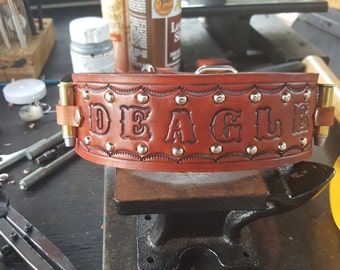 Dog Collar, Leather Dog Collar, 357mag Bullets, with Dogs Name, and round Studs, Personalized, western dog collar, Handmade