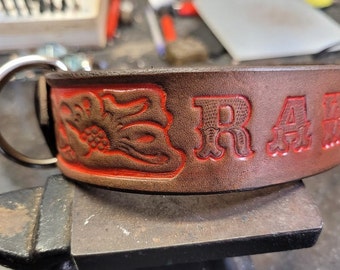 Dog Collar, Leather Dog Collar, Dark Brown and Red, Custom Name, Western Dog Collar, Medium Dog, Large Dog, 1.5'' inches wide