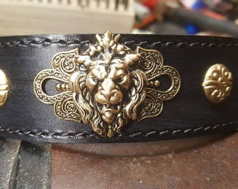 Collar de perro, collar de cuero para perro, cabeza de león, latón, negro, cosido, diseño vintage, hecho a mano, hecho a mano