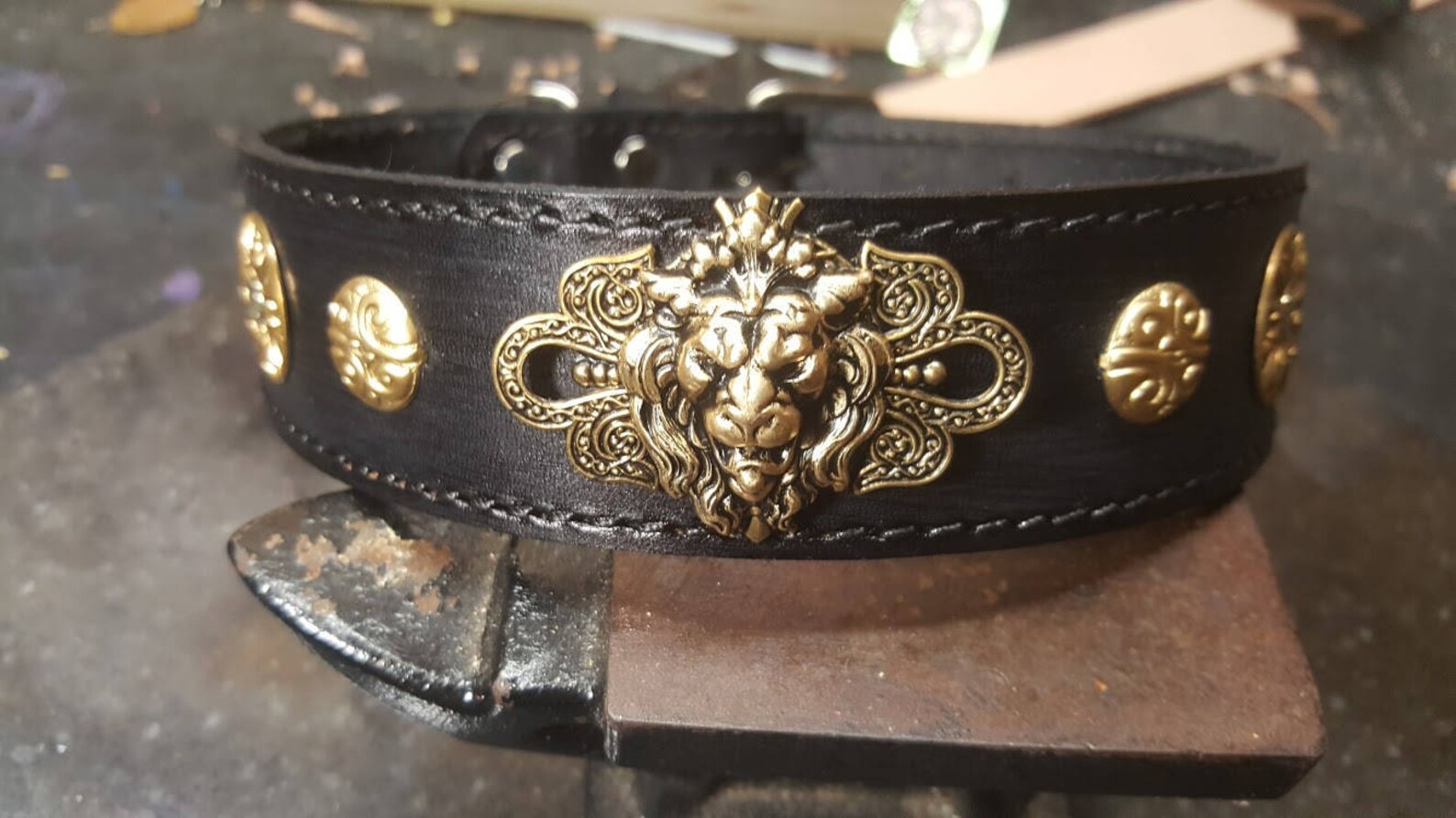 Leather dog collar Lion Head Brass Black stitched dog Etsy