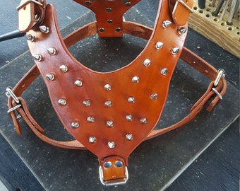 Dog Harness, Leather Dog Harness, Leather Dog Harness with Spikes, Handmade and crafted, Tooled Harness with spikes, Saddle Tan