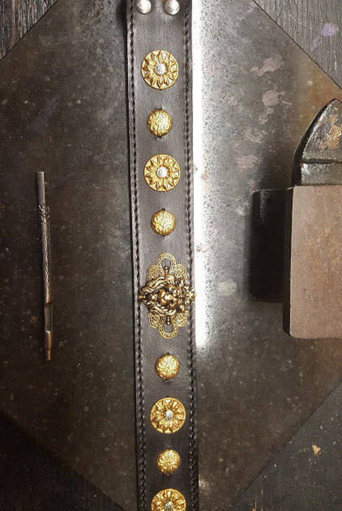 Leather dog collar Lion Head Brass Black stitched dog Etsy