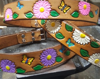 Dog Collar, Leather Dog Collar, Handmade, Daisy Flowers, Butterflies, Custom Made. Purple, Pinks, White, Small Dog Collar