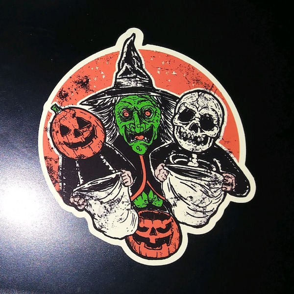 STICKER- 3 Halloween Trick or Treaters HORROR movie III witch masks jackolantern skull skeleton