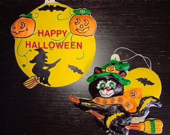 Two Vintage vacuform Halloween Decorations - Witch, Black Cat, Jack-o-Lanterns & bats