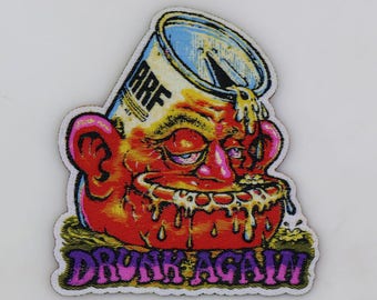 PATCH - Drunk Again - Woven, die-cut, iron on - Funny retro BEER, Party