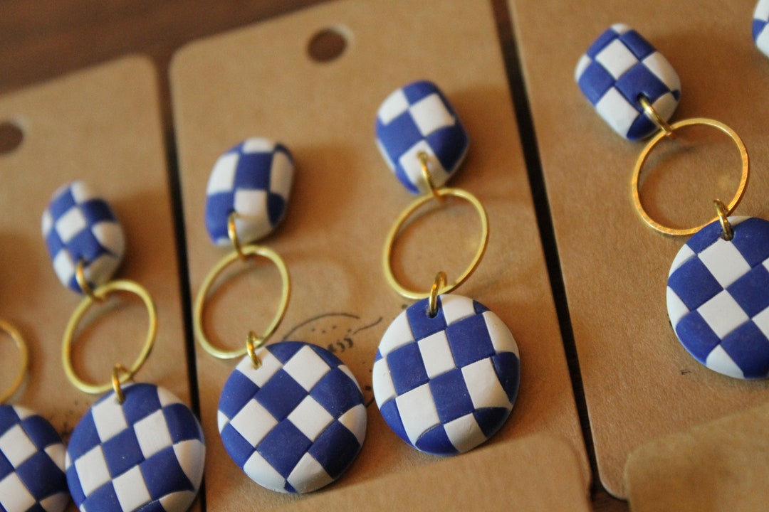 Homemade Polymer Clay Earrings Blue and White Checkered Rainbow Gold