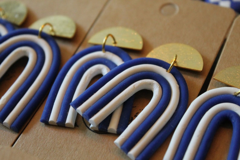 Homemade Polymer Clay Earrings Blue and White Checkered Rainbow Gold