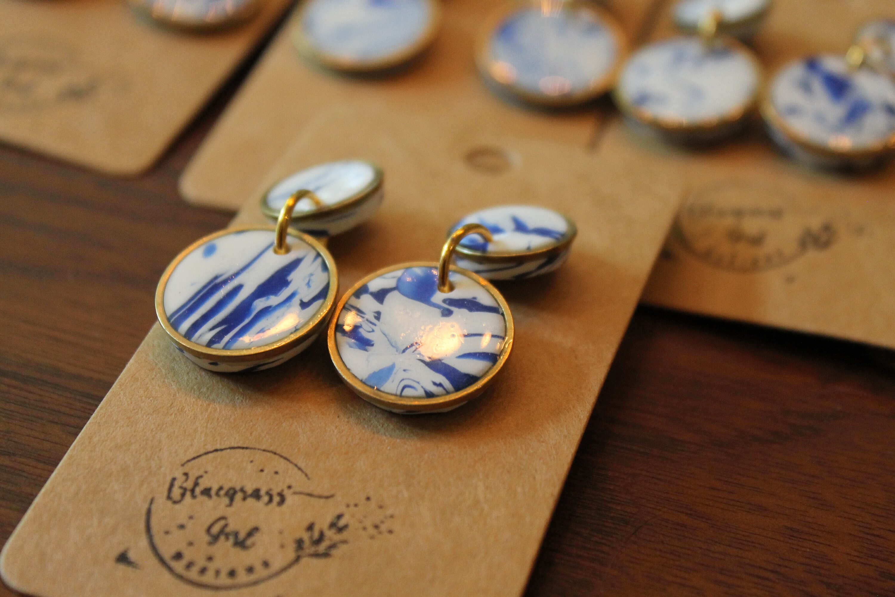 Homemade Polymer Clay Earrings Blue and White Checkered Rainbow Gold