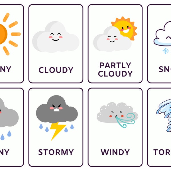 12 Weather Cards | Montessori flashcards | Pre-School Cards | Rainbow Educational Printable Cards | Instant Download