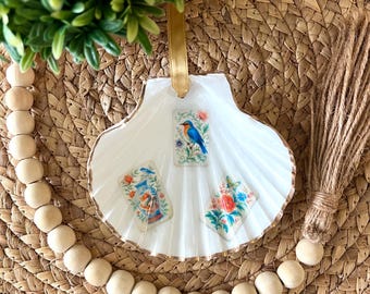 Mahjong Bird Floral Tile Gift XL Scallop Shell Christmas Ornament Beach Coastal Decor Hostess Gift