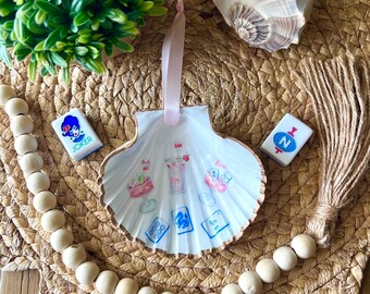 Mahjong Mahjongg and Cocktails Pink Blue Tile Gift XL Scallop Shell Christmas Ornament Beach Coastal Decor Hostess Gift