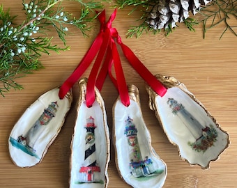Lighthouse Oyster Shell Christmas Ornaments Beach Coastal Decor Gift Holiday Decoration Hostess Gift Set of Four