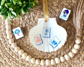 Azulejo Mahjong rosa y azul XL, adorno navideño de concha de vieira, decoración costera de playa, regalo para anfitriona