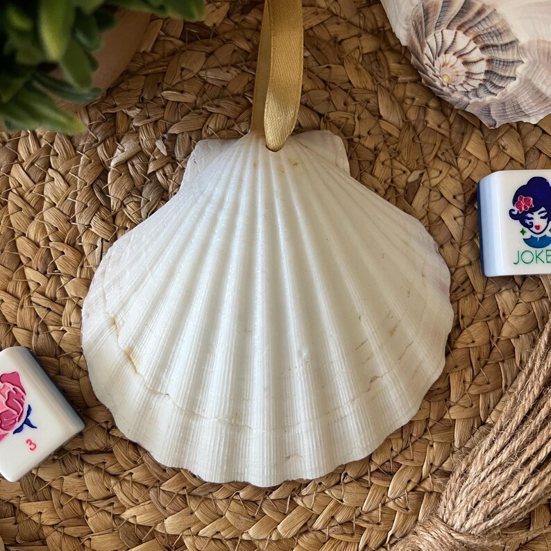 Puede incluir: Un adorno de concha blanca con una cinta dorada. La concha es de forma de vieira con una textura nervada.