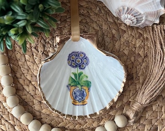 Purple Flowers in Planter Coastal Gilded XL Scallop Shell Hostess Gift Bag Accent Party Favor Ornament Mother's Day Grand Millennial