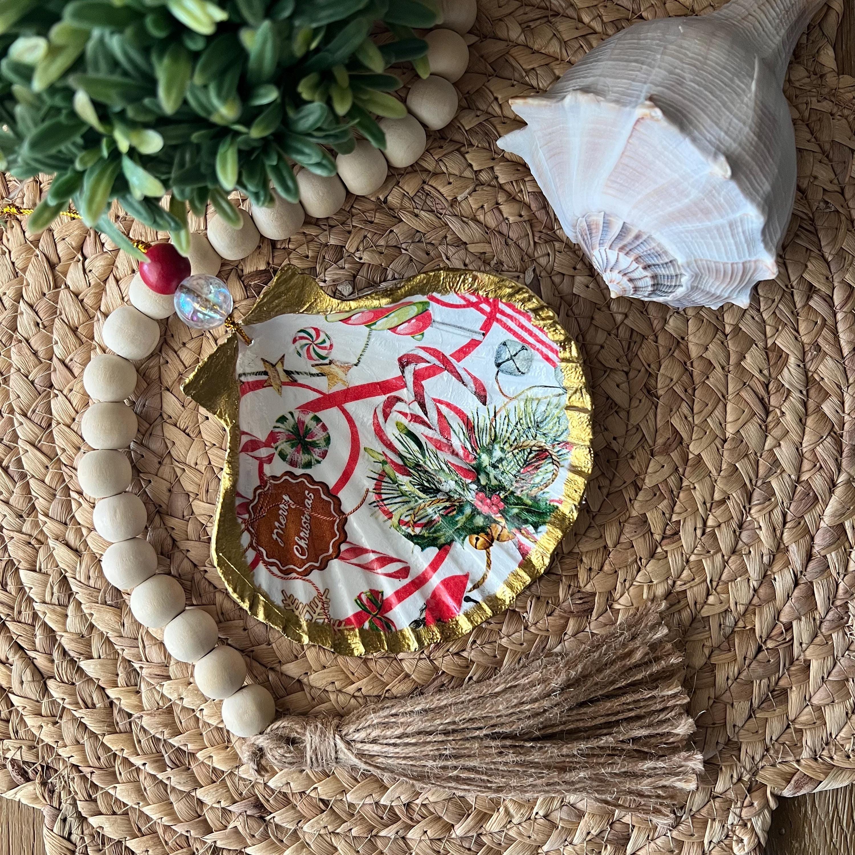 Christmas Candy Canes Holiday Decor Gilded XL Scallop Shell Hostess Gift Bag Accent Party Favor Ornament