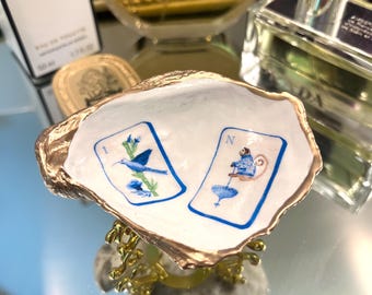 Mahjong Mahjongg Oyster Shell Trinket Dish Ring Quarter Dice Holder Dish Gold Tone Stand Beach Coastal Decor Hostess Gift