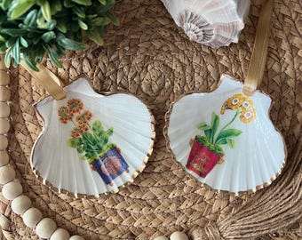 Yellow Green Flowers in Planter Grand Millennial Beach Coastal Gilded XL Scallop Shell Hostess Gift Mothers Day Birthday Ornament Set of Two
