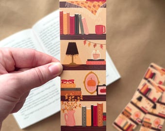 Autumn Cozy Fall Bookshelves Bookmark | Glossy Bookmark for Book Lover and Reading Enthusiast