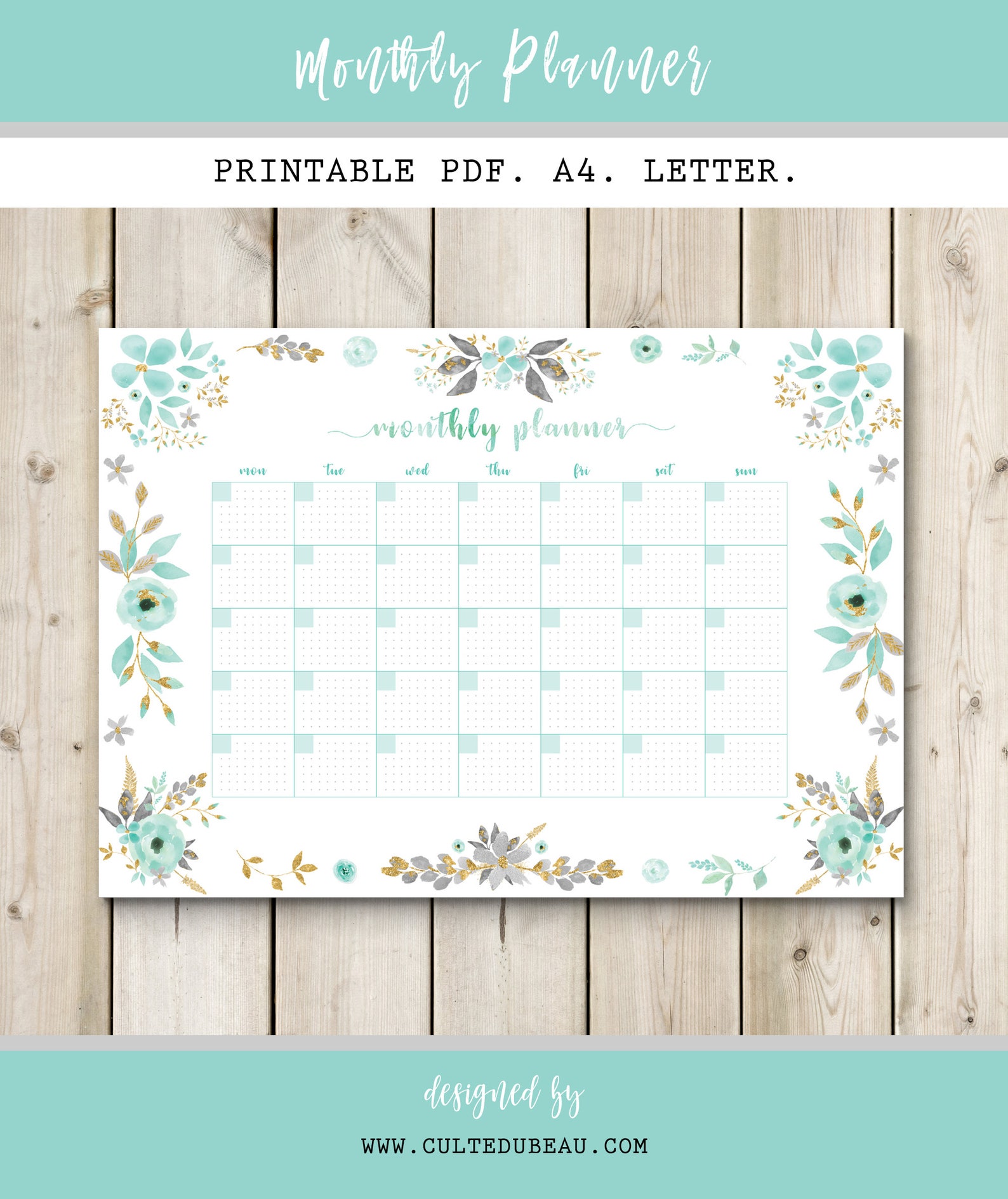 Monthly Planner Mint &amp; Gold Watercolor Printable, Undated Monthly, Monthly Calendar Watercolor ...