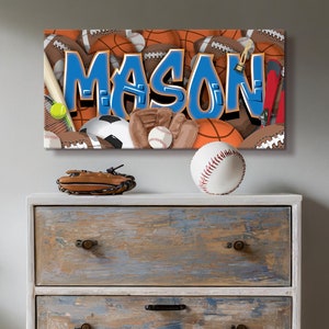 Sports Graffiti Name Custom Canvas Room Decor Wall Art Football Baseball Basketball Soccer Skiing Tennis Athletic Player Boys Design Bedroom
