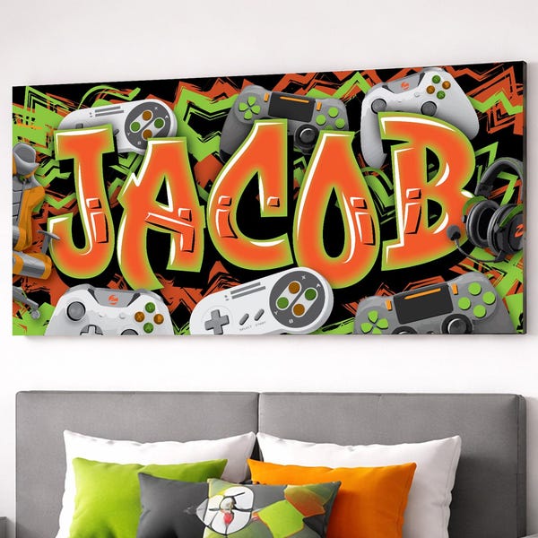 PS5 Gamer Name Canvas Wall Art – Custom Video Game Bedroom Decor for Boys – Xbox Style Personalized Graffiti Design