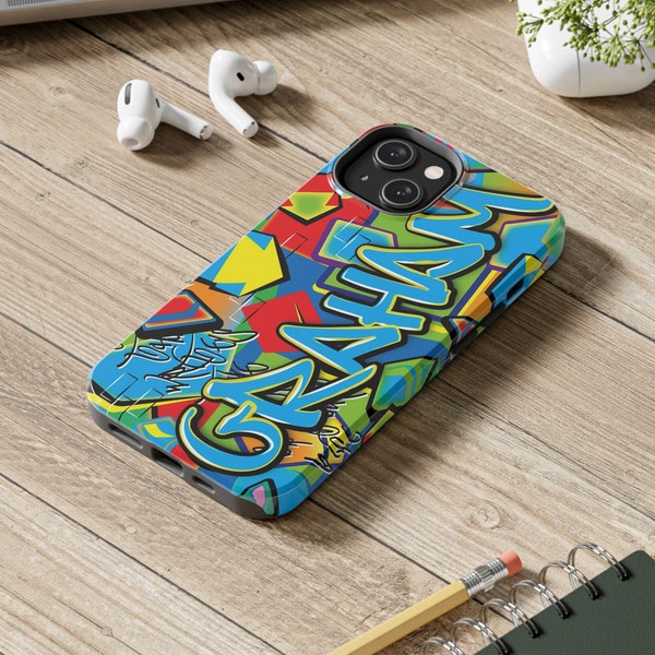 Graffiti Name 3D Wrap Full Protection Gloss Colorful Shapes Phone Case Custom Hip Urban iPhone Android Girls Personalized Boys Teen Art