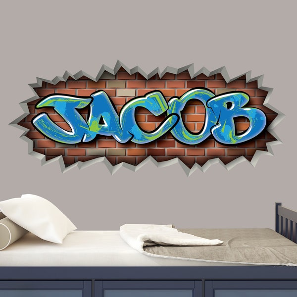 Custom Graffiti Removable Brick Wall Decal Name Art Street Urban Large Sticker Wall Decal BoysRoom Decor On Trend Personalized Teen Room Art