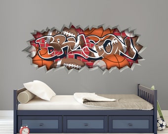 Personalized Sports Graffiti Brick Name Wall Decal Art Baseball Sticker Basketball Boys Room Decor Football Personalized Fathers Day Gift