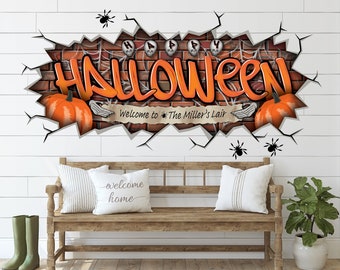 Happy Halloween Custom Family Name Home Decal Removable Art Pumpkins Skulls Spiders Large Sticker Boys Room Decor Personalized House