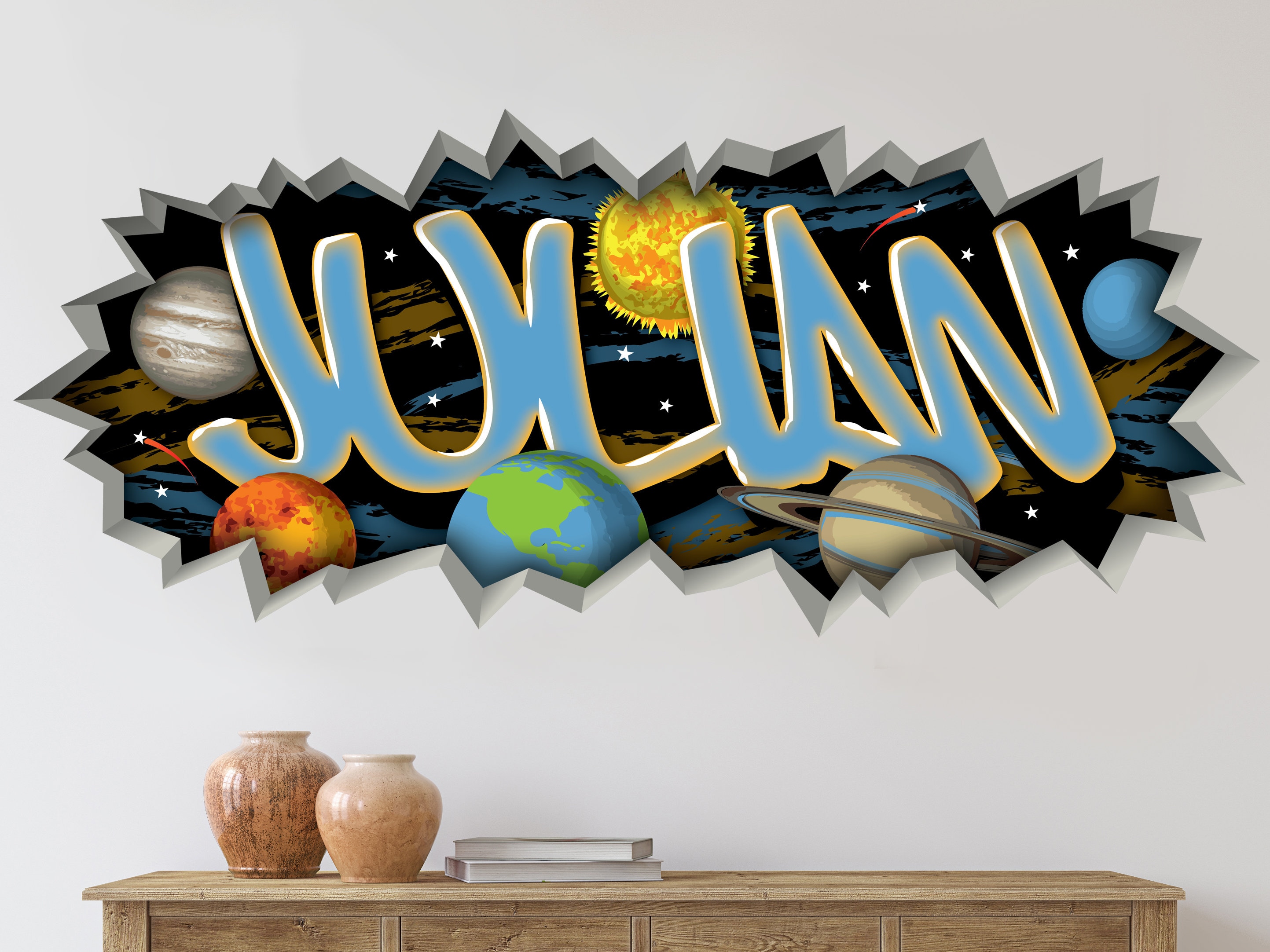 3D Galaxy Blue Cosmic Milky Way Wall Stickers, HOLENGS Outer Space Planets  Simulation Crack Hole Wall Decals, Starry Sky Wall Decor for Boys Kids