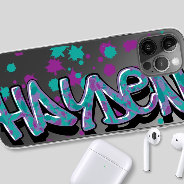 Graffiti Name Phone Case Simulated Floating 3D With Shadow Custom Color iPhone 14 Android Boys Girls Personalized Clear Phone Case Teen Art