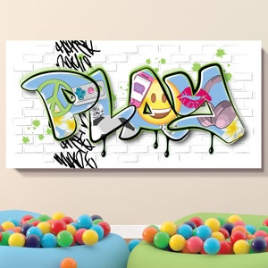 Graffiti Kids Gaming Room Decor Canvas Art Emoji Personalized Sign Play Kids Room Decor Custom Name Tween Teen Peace Sign Large Wall Art