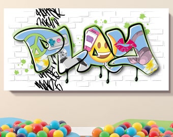 Graffiti Kids Gaming Room Decor Canvas Art Emoji Personalized Sign Play Kids Room Decor Custom Name Tween Teen Peace Sign Large Wall Art