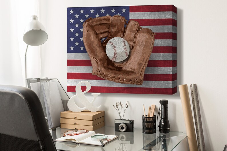 May include: A baseball glove with a baseball inside, against a backdrop of the American flag. The flag is distressed and has a vintage look.