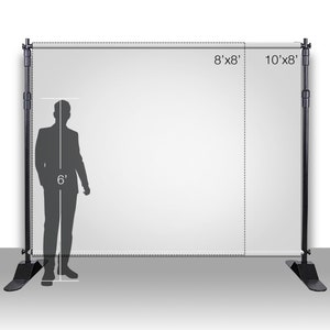 May include: A white backdrop stand with black poles and adjustable feet. The backdrop is 8 feet by 8 feet and 10 feet by 8 feet. A silhouette of a person standing in front of the backdrop is 6 feet tall.