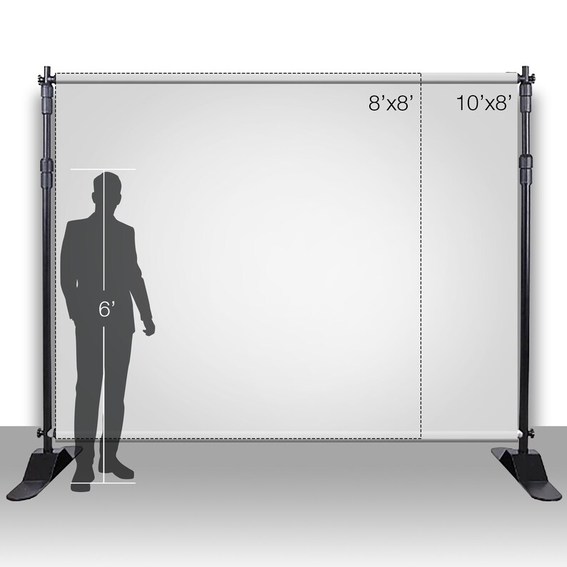 May include: A white backdrop stand with black poles and adjustable feet. The backdrop is 8 feet by 8 feet and 10 feet by 8 feet. A silhouette of a person standing in front of the backdrop is 6 feet tall.