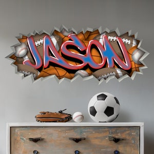 Anpassad namn sport graffiti väggdekal fotboll basket baseboll konst stor klistermärke lag pojkrumsdekor personlig pojkepresent till honom