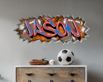 Custom Name Sports Graffiti Wall Decal Football Basketball Baseball Art Large Sticker Teams Boys Room Decor Personalized Boy's Gift For Him