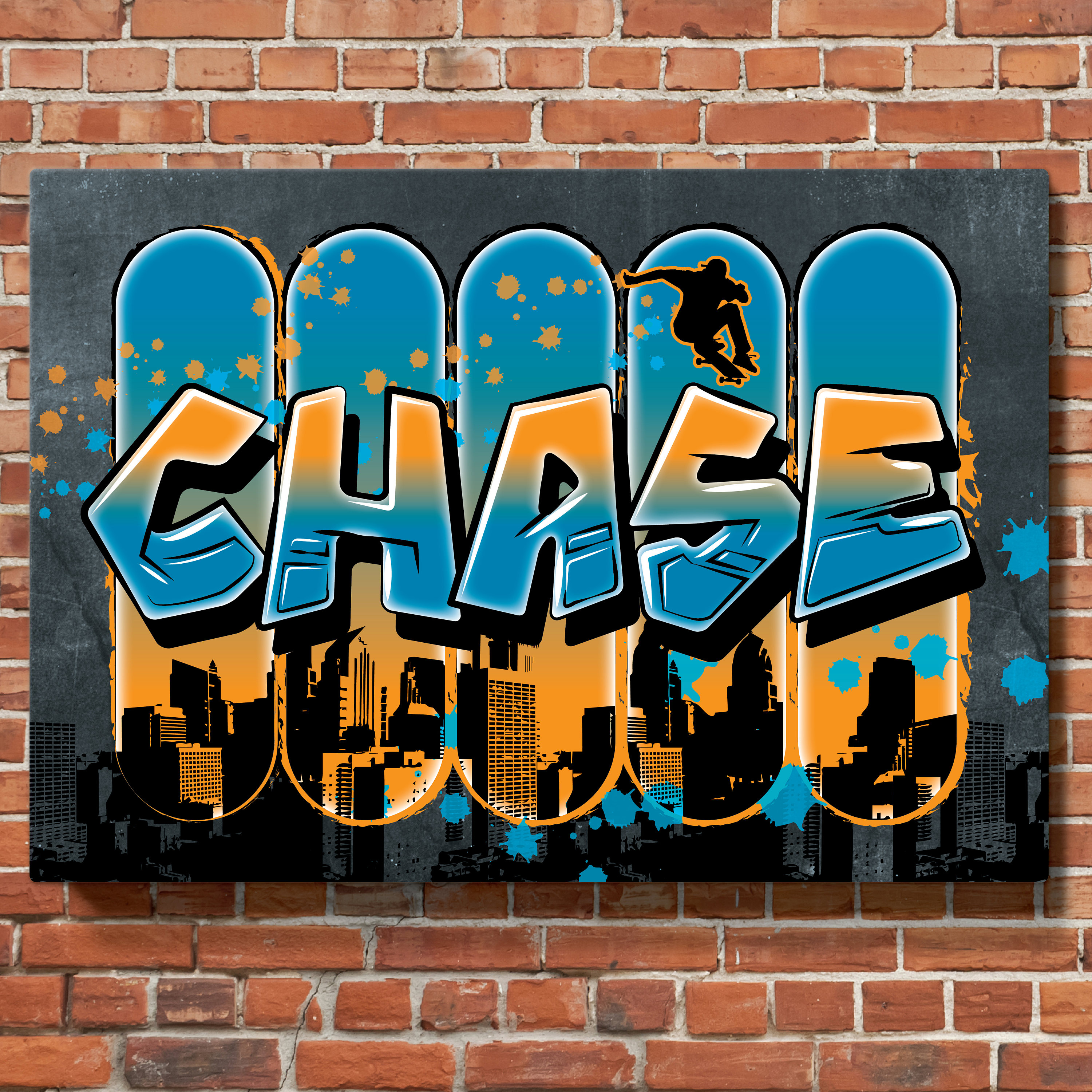 Personalized Graffiti Name Canvas: Skateboard Art, Cityscape Boys