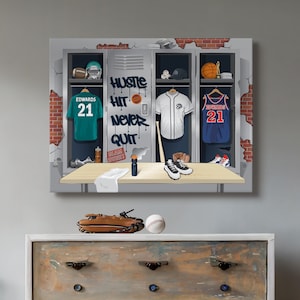 Locker Room Custom Sports Canvas Personalized Gift For Boys Room Decor Name Sign Football Baseball Basketball Kids Room Large Team Wall Art