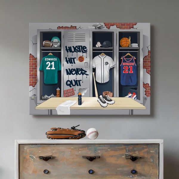 Locker Room Custom Sports Canvas Personalized Gift For Boys Room Decor Name Sign Football Baseball Basketball Kids Room Large Team Wall Art