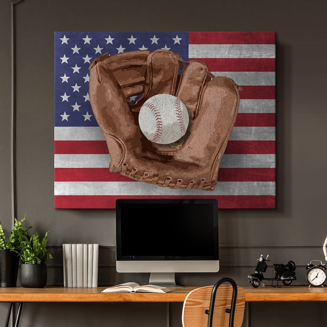 Vintage Baseball Canvas Art Americas Pastime US Flag Dorm Decor
