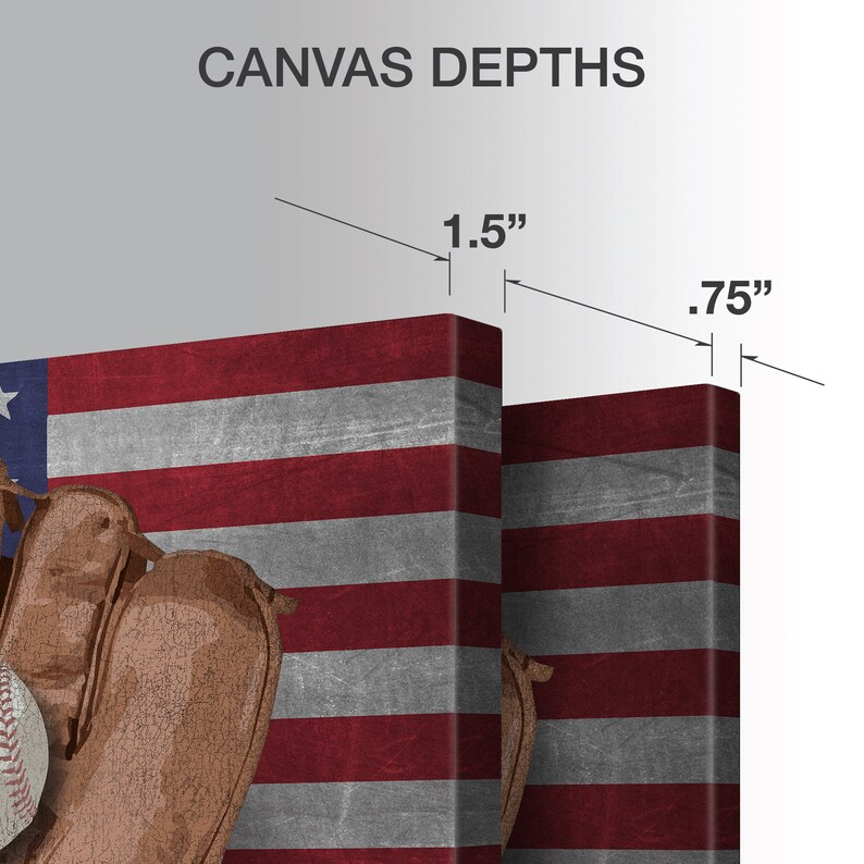 May include: Two canvases with an American flag design and a baseball glove. The canvas on the left is 1.5 inches deep and the canvas on the right is 0.75 inches deep.