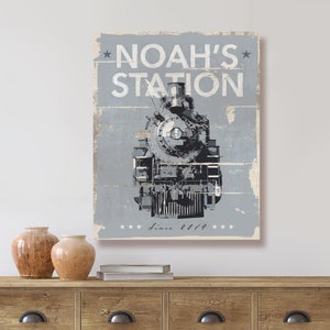 Farmhouse Train Engine Nursery Decor Baby Boy's Room Decor Canvas Art Baby Shower Gift Vintage Rustic Metal Sign Large Wall Art Personalized