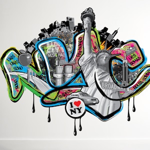 NYC Graffiti Wall Decal Modern Street Edgy Art Large Spray Paint Removable Tagging Sticker Hip Decor On Trend Personalized Teen Boys Room